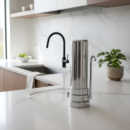 Filtro purificador de agua sobre mesada con carcasa plástica y cartucho de carbón activado para uso doméstico.