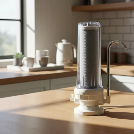 Filtro purificador de agua sobre mesada con carcasa plástica y cartucho de carbón activado, incluye adaptadores para canillas estándar.