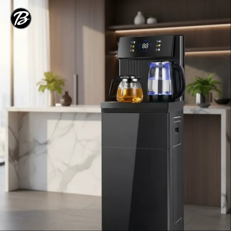 Dispenser de agua digital frío/calor con conexión directa a red y diseño vertical elegante.