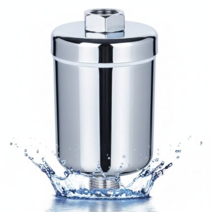 Filtro purificador de ducha cromado de 6 etapas con carbón y minerales, ideal para mejorar la calidad del agua en el baño.