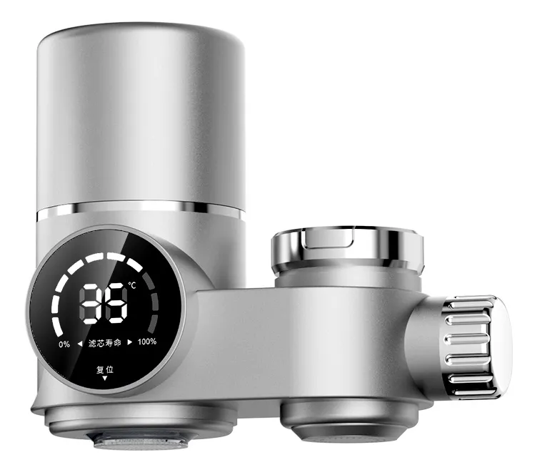 Filtro purificador de agua cromado para canilla con panel digital UV, compacto y fácil de instalar. Vertical